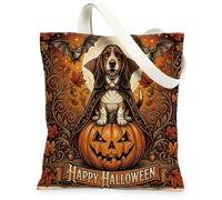 Halloween Basset Hound Dog Canvas Tote Bag for Shopping 13 * 15, Holiday Funny Leaf Reusable Grocery Shoulder Cloth Bag for Women, Fall Painting Gift Decoration