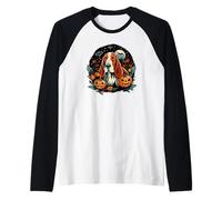 Halloween Basset Hound Pumpkin Moon Night Raglan Baseball Tee