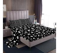 Halloween Bat Bed Sheet King Size,Witch Hat Pumpkin Lantern Bedding Set,Kids Girls Boys Teens Room Decor Cartoon Ghost Cat Spider Print Fitted Sheet,Gothic Star Moon Top Flat Sheet,Black White