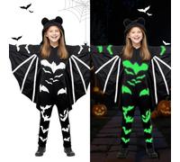 Halloween Bat Costume Children's Luminous Onesie Luminous Bat Suits for Boys and Girls, One-Piece Bat Costume with Bat Wings, Hats and Gloves (S (110-120 cm)