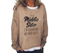 Halloween Bat Costume Women Ladies V Neck Jumpers I'm The Middle Sister I'm The Reason Have Women's Print Casual Loose Round Neck Long Sleeve T Shirt Sweaters For Women Sexy Halloween (Khaki, L)