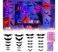 Halloween Bat Decor LED Light Stickers - 24Pcs Glow Bat Window Wall Decor and 12Pcs Light with Spider Web for Home, Party, Bar - 3D Spooky Night Halloween Decoration