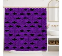 Halloween Bat Shower Curtain, Violet Black Floral Bathroom Decor, Spooky Autumn Modern Design Waterproof Fabric Shower Curtain with Hooks 54x78 Inch