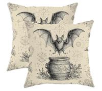 Halloween Bat Throw Pillow Covers Set of 2, Cream Vintage Bat and Cauldron Decorative Cushion Covers for Home Sofa Couch Decor 22x22 Inch