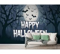 Halloween Bat Wall Mural, Self-Adhesive Peel & Stick Wallpaper, Full Moon Night Forest Design Photo Wallpaper for Living Room & Bedroom (300x256 cm), F-396