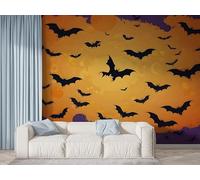 Halloween Bat Wall Mural, Self Adhesive Wallpaper Peel and Stick, Moon Starry Sky Home Decor Photo Wallpaper, Silk Cloth Wall Sticker for Living Room & Bedroom, 300x210 cm - F-552