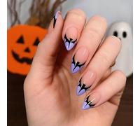Halloween Bat Wing Stiletto Press On Nails with Lavender Tips - 24PCS Long Glossy Black False Nails for Gothic Costume Party and Spooky Themed Events Adult Manicure Set with Designs
