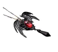 Halloween Bat Wings Crystal Necklace - Gothic Silver Bat Wing Pendant with Blue Crystal and Black Obsidian Teardrop, Halloween Jewelry(BlackWings-Red)
