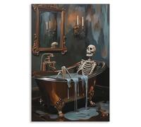 Halloween Bathroom Canvas Wall Art, Skeleton Relaxing Bubble Bath Poster, Gothic Spooky Soaking My Bones In Bathtub Print, Moody Dark Academia Halloween Wall Decor for Restroom 12x16in Unframed