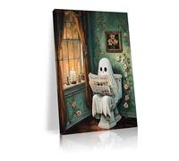 Halloween Bathroom Ghost Reading Newspaper Wall Art Ghost On Toilet Canvas Posters Whimsical Goth Dark Academia Horror Prints Painting For Living Room Bedroom Wall Decor（L18 xW12-framed）