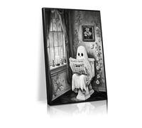 Halloween bathroom ghost reading newspaper wall painting ghost on toilet canvas poster gothic dark college horror print painting living room bedroom wall decoration（L18 xW12-canvas）