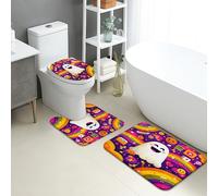 Halloween Bathroom Mat Sets 3 Piece, Colorful Ghosts and Emojis Absorbent Non Slip Toilet Rugs U Shaped Washable, Fun Rainbow Quick Dry Memory Foam Bathroom Rug Set