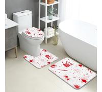 Halloween Bathroom Mat Sets 3 Piece, Creepy Red Splatter Handprints Absorbent Non Slip Toilet Rugs U Shaped Washable, Spooky Quick Dry Memory Foam Bathroom Rug Set