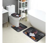 Halloween Bathroom Mat Sets 3 Piece, Cute Gnome Pumpkin Spider Web Absorbent Non Slip Toilet Rugs U Shaped Washable, Autumn Quick Dry Memory Foam Bathroom Rug Set
