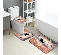 Halloween Bathroom Mat Sets 3 Piece, Fanciful Cat Pumpkin Bats Absorbent Non Slip Toilet Rugs U Shaped Washable, Festive Quick Dry Memory Foam Bathroom Rug Set
