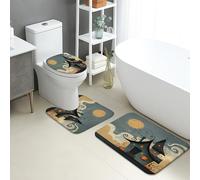 Halloween Bathroom Mat Sets 3 Piece, Fanciful Haunted House Absorbent Non Slip Toilet Rugs U Shaped Washable, Spooky Decorative Quick Dry Flannel Bathroom Rug Set