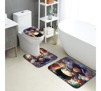 Halloween Bathroom Mat Sets 3 Piece, Fanciful Witch Cauldron Colorful Non Slip Toilet Rugs U Shaped Washable, Fun Festive Quick Dry Flannel Bathroom Rug Set