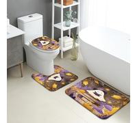 Halloween Bathroom Mat Sets 3 Piece, Ghost and Mushroom Pattern Absorbent Non Slip Toilet Rugs U Shaped Washable, Autumn Quick Dry Flannel Rug Set