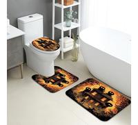 Halloween Bathroom Mat Sets 3 Piece, Haunted House and Ghosts Absorbent Non Slip Toilet Rugs U Shaped Washable, Autumn Quick Dry Memory Foam Rug Set