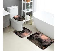 Halloween Bathroom Mat Sets 3 Piece, Haunted House Black Trees Absorbent Non Slip Toilet Rugs U Shaped Washable, Autumn Quick Dry Flannel Rug Set