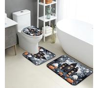 Halloween Bathroom Mat Sets 3 Piece, Haunted House Ghosts Pumpkins Absorbent Non Slip Toilet Rugs U Shaped Washable, Autumn Quick Dry Flannel Rug Set