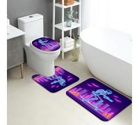 Halloween Bathroom Mat Sets 3 Piece, Neon Skeleton Skateboard Absorbent Non Slip Toilet Rugs U Shaped Washable, Spooky Luminous Quick Dry Flannel Bathroom Rug Set