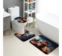 Halloween Bathroom Mat Sets 3 Piece, Scary Pumpkin Scarecrow Absorbent Non Slip Toilet Rugs U Shaped Washable, Spooky Autumn Quick Dry Flannel Bathroom Rug Set