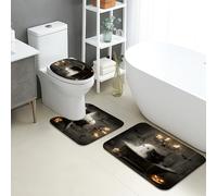 Halloween Bathroom Mat Sets 3 Piece, Spooky Ghost Cat Absorbent Non Slip Toilet Rugs U Shaped Washable, Dark Haunted Quick Dry Flannel Bathroom Rug Set