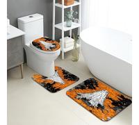 Halloween Bathroom Mat Sets 3 Piece, Spooky Ghosts Flames Absorbent Non Slip Toilet Rugs U Shaped Washable, Autumn Decorative Quick Dry Memory Foam Bathroom Rug Set