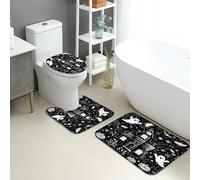 Halloween Bathroom Mat Sets 3 Piece, Spooky Ghosts Haunted House Absorbent Non Slip Toilet Rugs U Shaped Washable, Black White Quick Dry Flannel Bathroom Rug Set