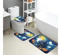 Halloween Bathroom Mat Sets 3 Piece, Spooky Ghosts Pumpkin Absorbent Non Slip Toilet Rugs U Shaped Washable, Haunted House Quick Dry Memory Foam Bathroom Rug Set