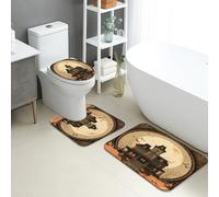 Halloween Bathroom Mat Sets 3 Piece, Spooky Haunted House Non Slip Toilet Rugs U Shaped Washable, Vintage Gothic Quick Dry Memory Foam Bathroom Rug Set