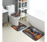 Halloween Bathroom Mat Sets 3 Piece, Spooky Haunted House Pattern Absorbent Non Slip Toilet Rugs U Shaped Washable, Autumn Themed Quick Dry Flannel Bathroom Rug Set