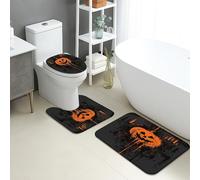 Halloween Bathroom Mat Sets 3 Piece, Spooky Pumpkin Black Orange Non Slip Toilet Rugs U Shaped Washable, Festive Quick Dry Memory Foam Bathroom Rug Set