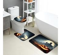 Halloween Bathroom Mat Sets 3 Piece, Spooky Pumpkin Haunted House Absorbent Non Slip Toilet Rugs U Shaped Washable, Autumn Night Quick Dry Memory Foam Bathroom Rug Set