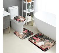 Halloween Bathroom Mat Sets 3 Piece, Vintage Ghost Floral Absorbent Non Slip Toilet Rugs U Shaped Washable, Spooky Rose Quick Dry Flannel Bathroom Rug Set