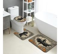 Halloween Bathroom Mat Sets 3 Piece, Vintage Gothic Witch Pumpkin Absorbent Non Slip Toilet Rugs U Shaped Washable, Fall Quick Dry Memory Foam Bathroom Rug Set