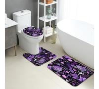 Halloween Bathroom Mat Sets 3 Piece, Violet Haunted House Ghosts Absorbent Non Slip Toilet Rugs U Shaped Washable, Spooky Floral Quick Dry Flannel Bathroom Rug Set