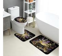 Halloween Bathroom Mat Sets 3 Piece, Witch Cauldron Floral Absorbent Non Slip Toilet Rugs U Shaped Washable, Spooky Nature Quick Dry Memory Foam Bathroom Rug Set