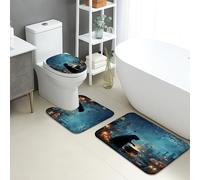 Halloween Bathroom Mat Sets 3 Piece, Witch Cauldron Night Scene Absorbent Non Slip Toilet Rugs U Shaped Washable, Quick Dry Flannel Bath Rug Set