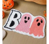 Halloween Bathroom Rug, Pink Ghost Boo Non-Slip Absorbent Bath Mat (Pink) | Washable seasonal floor accent for living rooms, kitchens and bedrooms with easy everyday care