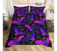 Halloween Bats Bedding Set Single,Galaxy Stars Moon Comforter Cover Gothic Moth Butterfly Duvet Cover Purple Blue Bats Halloween Decoration,Kawaii Room Decor for Kids