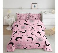 Halloween Bats Bedding Set Spider Webs Halloween Decorations,Gothic Duvet Set Stars Moon Silhouette Quilt Double,Tombstones Halloween Decor Cobwebs Halloween Decorations,Black Pink, Microfiber Soft