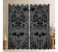 Halloween Bats Blackout Curtains for Living Room, Black and Grey Damask Window Curtains 2 panel Sets 66 x 72 Inch,Antique Decor Goth Boho Vintage Floral Window Treatments Drapes