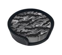 Halloween Bats Grey Round Leather Coasters (6 Pieces) - Drink Coaster Set For Desk, Modern Easy To Clean Home Office & Farmhouse Coasters