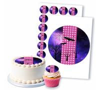 Halloween Bats & Trees Pink Plaid, 1 Round 8" & 24 2" Edible Toppers Set