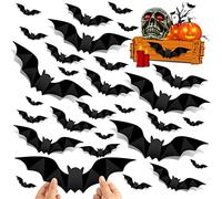 Halloween Bats Wall Decor, Black Plastic Bats Halloween Decoration, 3D Decorative Paper Bat in 4 Sizes, Waterproof & Reusable PVC Bat Wall Decals for Halloween's Outdoor Supplies
