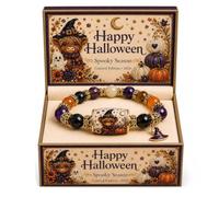 Halloween Beaded Bracelet, Halloween Stretch Bracelet with Decorative Gift Box, Colorful Crystal Beads, Spooky Season Jewelry Gift with Pumpkin Witch Cat Ghost Crow Charm (#A)