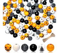 Halloween Beads for DIY Crafts - 120PCS Painted Wood Beads in Black, Orange & White - Pumpkin Face, Cobweb & Castle Prints - Perfect for Garland, Wreath, Bracelets with Hemp Rope (16mm)