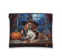 Halloween Beagle Dog Makeup Bag 7x9 Inch for Travel Pouch, Fun Scary Witch Bat Print Cosmetic Pouch for Women, Witchy Tarot Portable Canvas Zipper Organizer